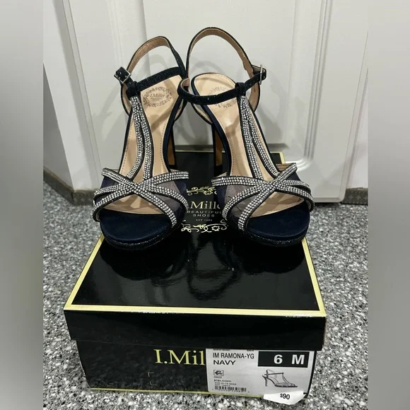 I. Miller Navy Rhinestone Heels Size 6 Wedding Party Ankle Strap - Picture 12 of 12
